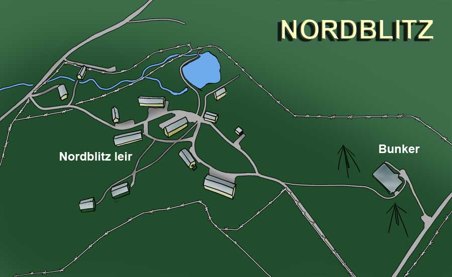 En illustrasjon over Nordblits. leiren tilhører marinen og hadde en større stab.  kommunikasjons-enheten var viktig og hadde sin egen bunker.