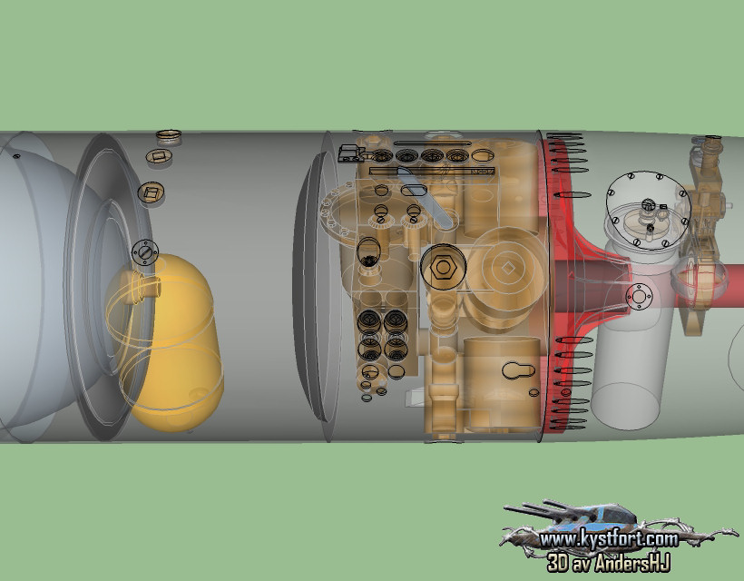 Fra venstre. Ende på lufttank, drivstoff tank, vanntank med gul oljetank. Motorrom, rød firewall (torpedovegg hehe) dybdekontroll og gyro.