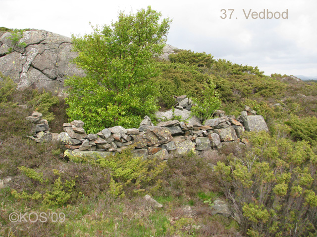 På veien opp. Det er laget trapper i stein rett sør(venstre) for denne steingrunnmuren.