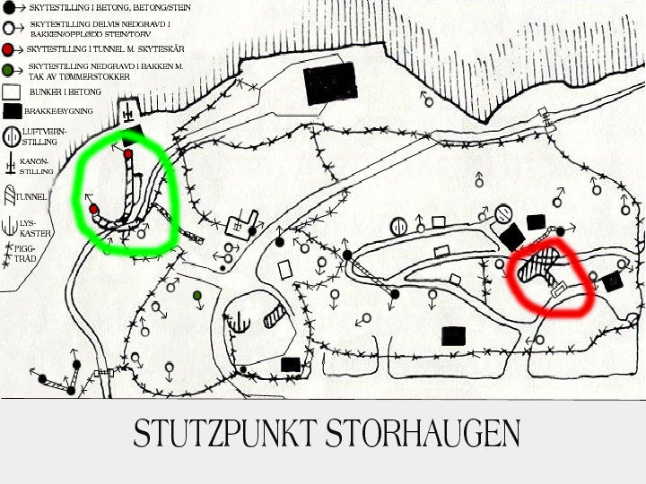 Kart over stillinger, tunneller, bunkere, brakker osv. på Storhaugen.