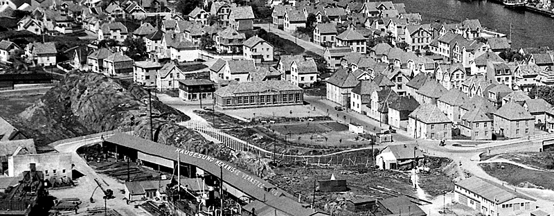 Risøy fangeleir midt i bildet, Risøyfjellet til venstre sett fra sørvest i 1950.
