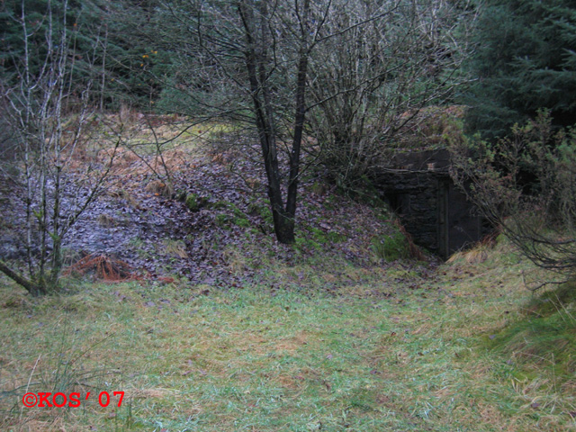 Ca 20m rett ovenfor bunkersen ligger en grunnmur (neste bilde) som såvidt kan skimtes oppe til venstre i bildet.