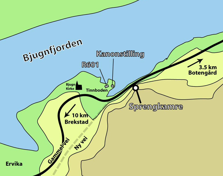 Kart over området. På denne lille odden kunne man ligge å kontrollere veien rett over.