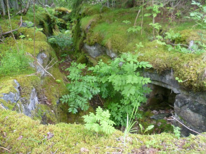 MG-stillingen sett forfra. Til høyre nede i stillingen kan vi se ammonisjen som er oppmurt. Løpegravene v. Tøssesvingen er stort sett i betong eller stein/betong, men i denne delen som ledet inn til denne stillingen er den kun skutt ut ned i berget.