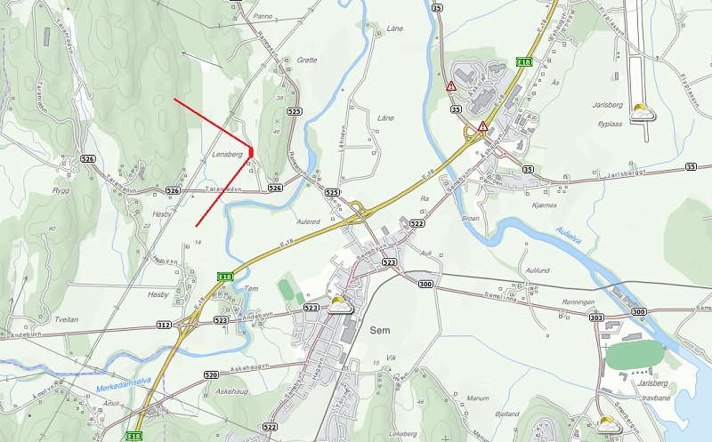 Stillingen plassert i kartet, vest for E18 utenfor Tønsberg.