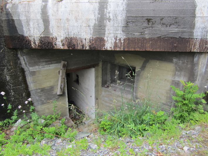 R-105 bunker på Kronå. Bunkeren ligger delvis på privat eiendom, men ser ut til å være både åpen og tilgjengelig. Rester av kamuflasjemalingen i inngangspartiet er fremdeles synlig.