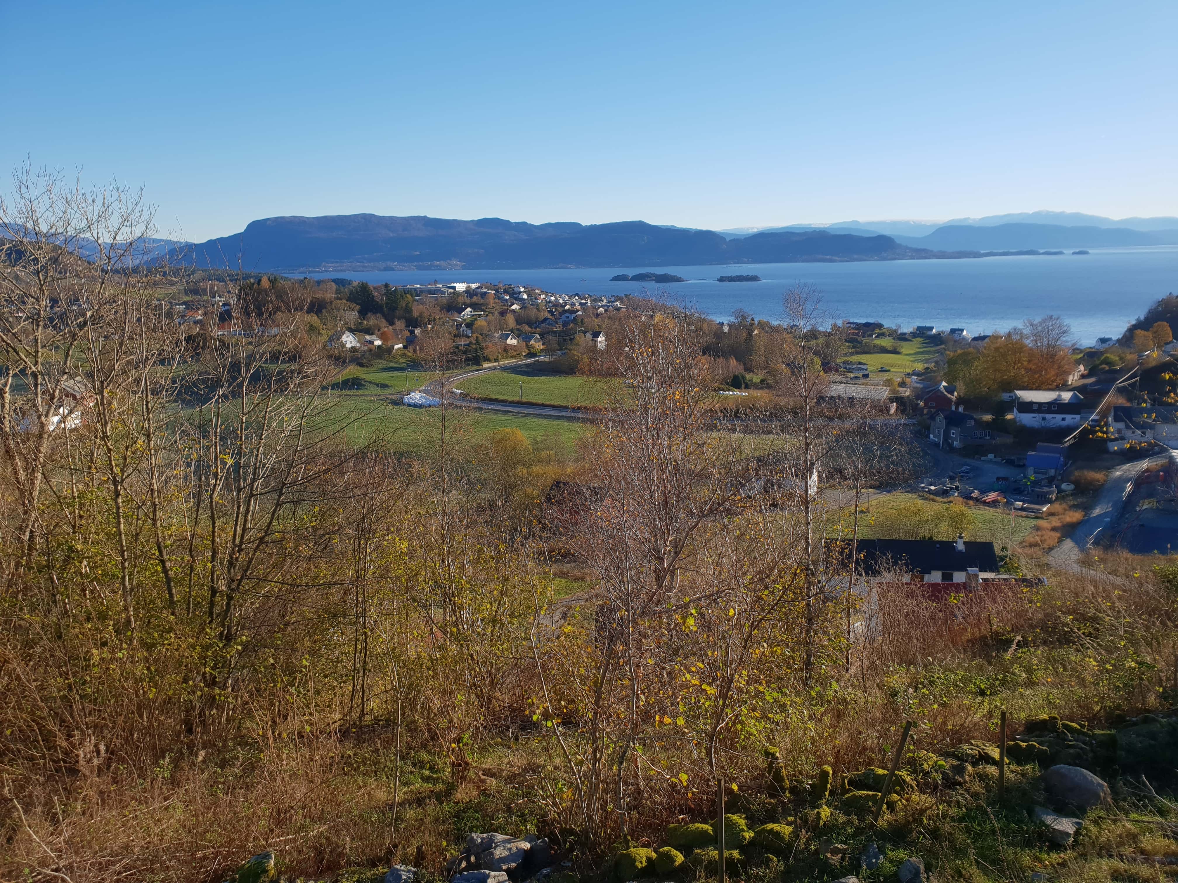 Nede ved sjøen der ligger Mobergsviken samt osøyro sentrum rett til venstre bak &quot;haugen&quot;